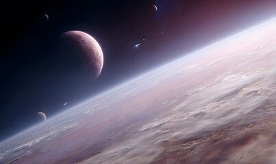 Wall Mural - a space-based image of an enigmatic solar system with strange planets and futuristic ships gliding t
