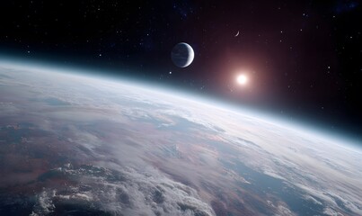 Wall Mural - a space-based image of an enigmatic solar system with strange planets and futuristic ships gliding t
