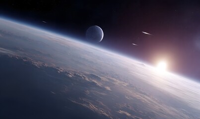 Wall Mural - a space-based image of an enigmatic solar system with strange planets and futuristic ships gliding t