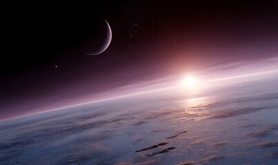 Wall Mural - a space-based image of an enigmatic solar system with strange planets and futuristic ships gliding t