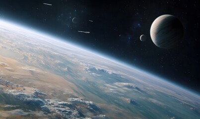 Wall Mural - a space-based image of an enigmatic solar system with strange planets and futuristic ships gliding t