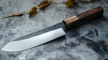 Sharp chef knife with wooden handle lies on textured gray surface, exuding elegance and precision