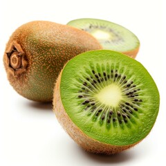 Poster - Kiwi fruit cut in half showing the juicy green flesh and seeds on a white background