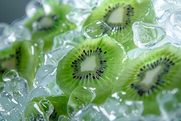 Poster - Close up of vibrant kiwi slices nestled amongst ice, creating a refreshing visual