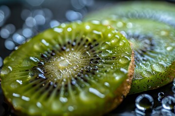 Poster - Macro close up of fresh kiwi slices covered in water droplets, creating a refreshing and vibrant image