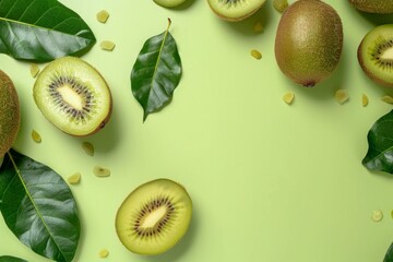 Poster - Fresh kiwi fruits, whole and halved, with green leaves arranged on a vibrant green background, providing copy space