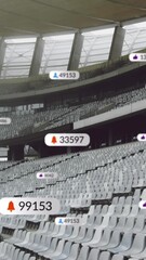 Poster - Animation of social media icons on banners over empty sports stadium