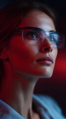 Poster - Woman in smart glasses monitoring a holographic firewall system in a high security control room