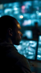 Poster - Security officer monitoring multiple surveillance feeds in command center