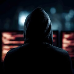 Poster - A hooded figure in a dark cybersecurity scene facing multiple monitors