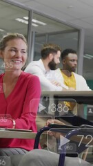 Poster - Animation of multiple notification bars over diverse coworkers sharing ideas while drinking coffee