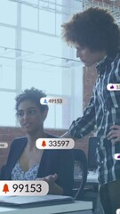 Poster - Animation of notification bars over diverse coworkers discussing reports on computer in office