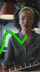 Poster - Animation of graphs and changing numbers over woman writing in notepad