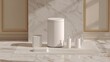 © Boonnam Burart - White oval trash bin paired with matching white accessories in a pristine modern restroom