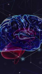 Poster - Animation of illuminated dots connected with lines over rotating digital brain over black background