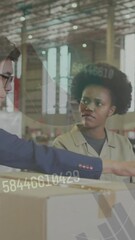 Poster - Animation of financial data processing over diverse people working in warehouse