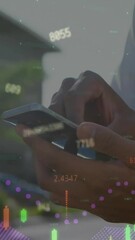 Poster - Animation of financial data processing over caucasian businessman using smartphone
