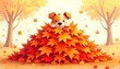 © Raenald - Cute cartoon puppy playing in a big pile of orange autumn leaves in a fall park