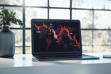 Poster - Laptop displaying red stock market crash graph with global map design in modern office showing financial crisis and economic downturn theme. 3D Rendering