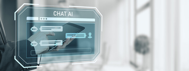 Poster - Businessperson using tablet with futuristic chat AI interface for virtual communication in office environment.