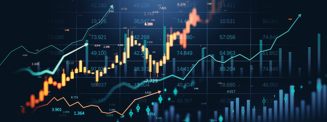 Poster - Financial market data with upward trading graphs and candlestick charts on a digital display in a panoramic contemporary fintech background. 3D Rendering