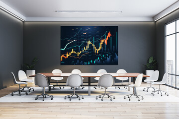 Poster - Modern conference room interior with financial market chart display on screen, representing digital business data analysis and stock investment concept. 3D Rendering