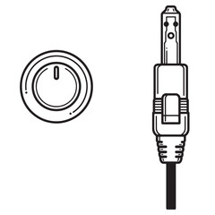 Poster - Detailed black and white vector illustration of power button and audio jack connector
