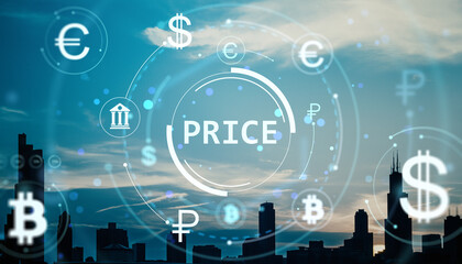Poster - Digital currency symbols and financial data interface over modern cityscape at sunset, showcasing global market price concept with light effects.