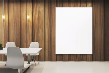 Poster - Vertical blank canvas mockup in modern office boardroom with stylish wooden wall and white conference table and chairs setup. 3D Rendering