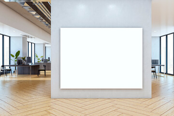 Poster - Horizontal blank canvas mockup on grey wall in modern corporate office lobby with wood flooring and open workspace in background lighted by windows. 3D Rendering