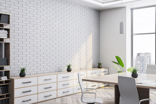 Modern boardroom interior with white brick wall, sleek furniture, city view through large windows, and minimalist decor. 3D Rendering