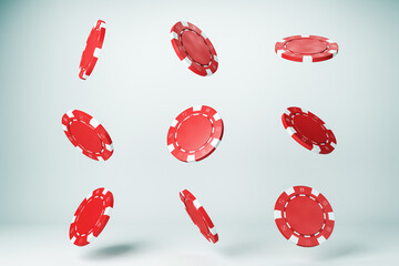 Poster - Red casino poker chips in motion floating in mid-air on a blank background for gambling success and jackpot win concept design template. 3D Rendering
