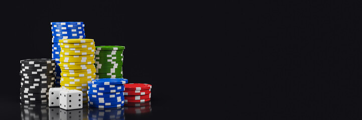 Poster - Colorful casino chips and dice stacked in groups on reflective surface with empty dark background for gambling banner or promotion template. 3D Rendering