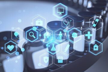 Poster - Glass vaccine vials on pharmaceutical production line with floating medical icons and digital healthcare symbols in modern lab environment concept. 3D Rendering