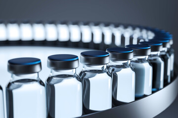 Poster - Vaccine vials on automated production line in pharmaceutical factory under modern lighting for medical manufacturing and scientific development concept. 3D Rendering