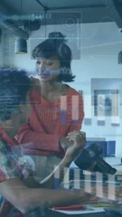 Poster - Animation of data processing over diverse colleagues discussing work in office