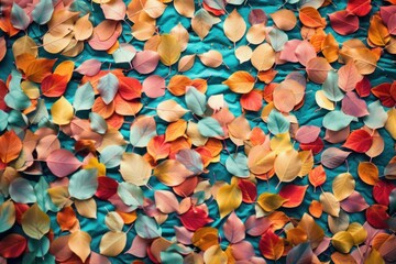 Poster - Colorful autumn leaves creating a beautiful and vibrant background on a turquoise cloth surface