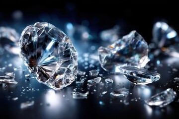 Poster - Shattered crystal pieces reflecting light on a dark surface at night