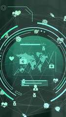 Poster - Animation of circular scanner processing world map and network of medical icons on dark background