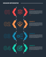Aufkleber - hexagon base shape infographic process diagram with open hexagon slice cut on vertical list direction with dark background bright outline style