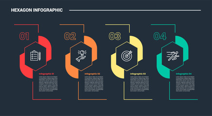 Aufkleber - hexagon base shape infographic process diagram with creative hexagon with line top and down with dark background bright outline style
