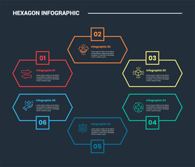 Aufkleber - hexagon base shape infographic process diagram with long rectangle box with cycle circular structure with dark background bright outline style