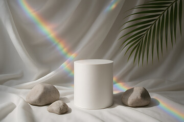 Poster - Elegant product pedestal with rainbow: A minimalistic pedestal design with a touch of nature and rainbow light, which is perfect for showcasing products, embodying elegance and sophistication. 