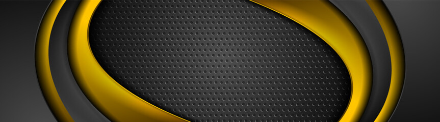 Aufkleber - Yellow golden and black abstract glossy waves on perforated background. Technology vector banner design