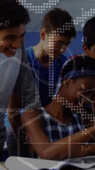 Poster - Animation of math formulas moving over happy diverse pupils working on laptop