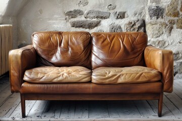 Poster - Comfortable worn leather sofa in a rustic room with stone wall and wooden floor