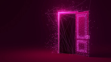 Wall Mural - open door glowing with futuristic purple plexus lines and dots effect representing new opportunities