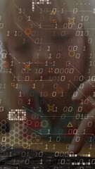 Poster - Animation of data processing and abstract shapes against caucasian girl using computer at school