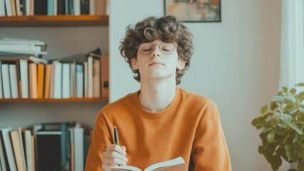 Aufkleber - Portrait of a focused male student holding a pen and notebook, preparing for exams or doing homework in his room with a bookshelf filled with books visible behind him