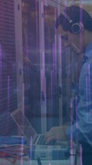 Poster - Animation of lights, circle and eye over caucasian man checking servers